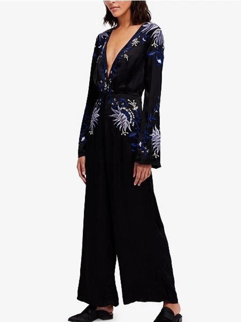 Free People Gypsy Rose Jumpsuit Black Floral Embroidered Wide Leg.